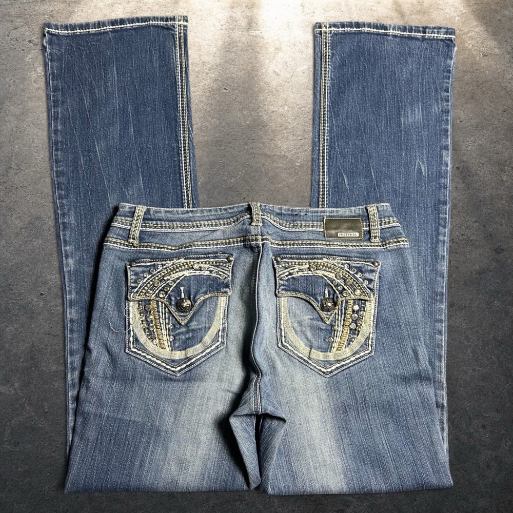 Petrol Low Rise Bootcut Jeans Blue Embroidered Y2K Goth Retro Size 12 L34